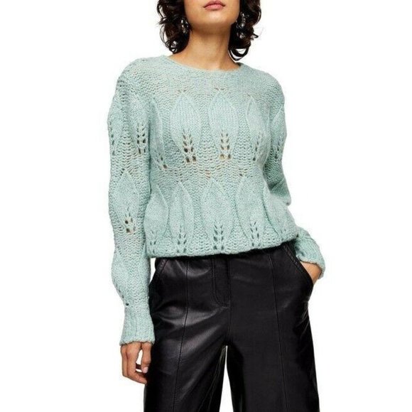 ^ Topshop Large 12 Women's Petal Pointelle Mint Sweater - Picture 1 of 9